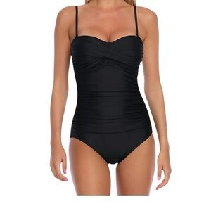 RELLECIGA Black Ruched Mid Rise Bandeau Swimsuit with Removable Straps XL NWT